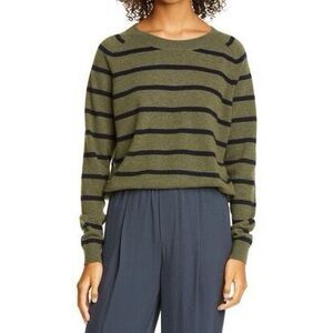 VINCE Wool Cashmere Green Black Stripe Relaxed Crewneck Sweater Size Large
